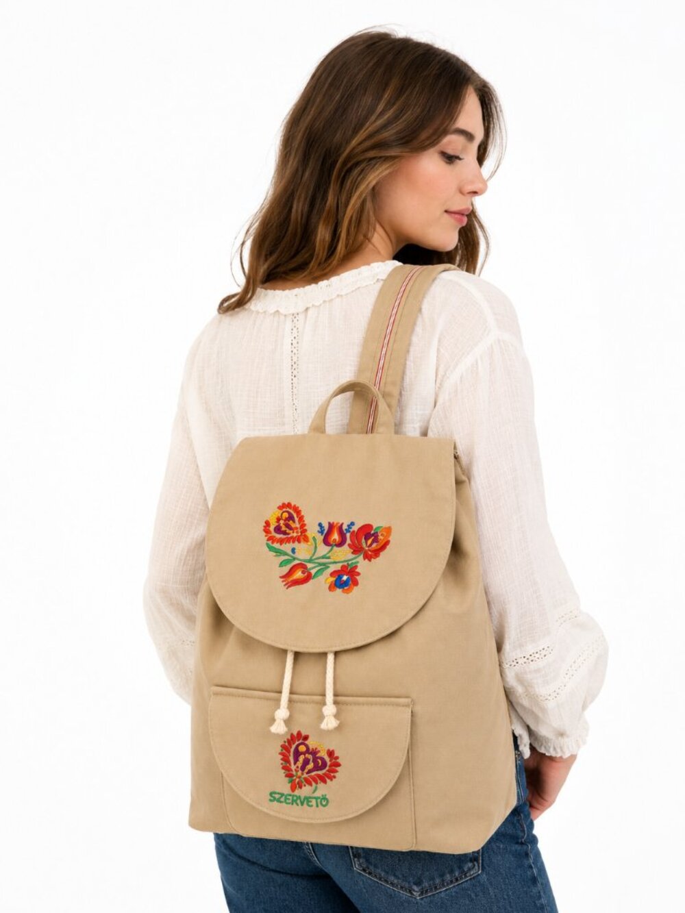 Szervető Matyó Embroidered Backpack Made in Hungary Beige Boho Folk Art